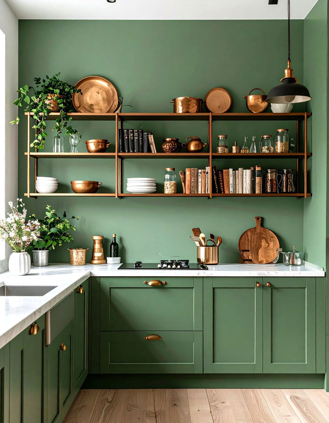 Green Kitchen Walls with Floating Copper Trimmed Shelves - 20 Green and Copper Kitchen Ideas