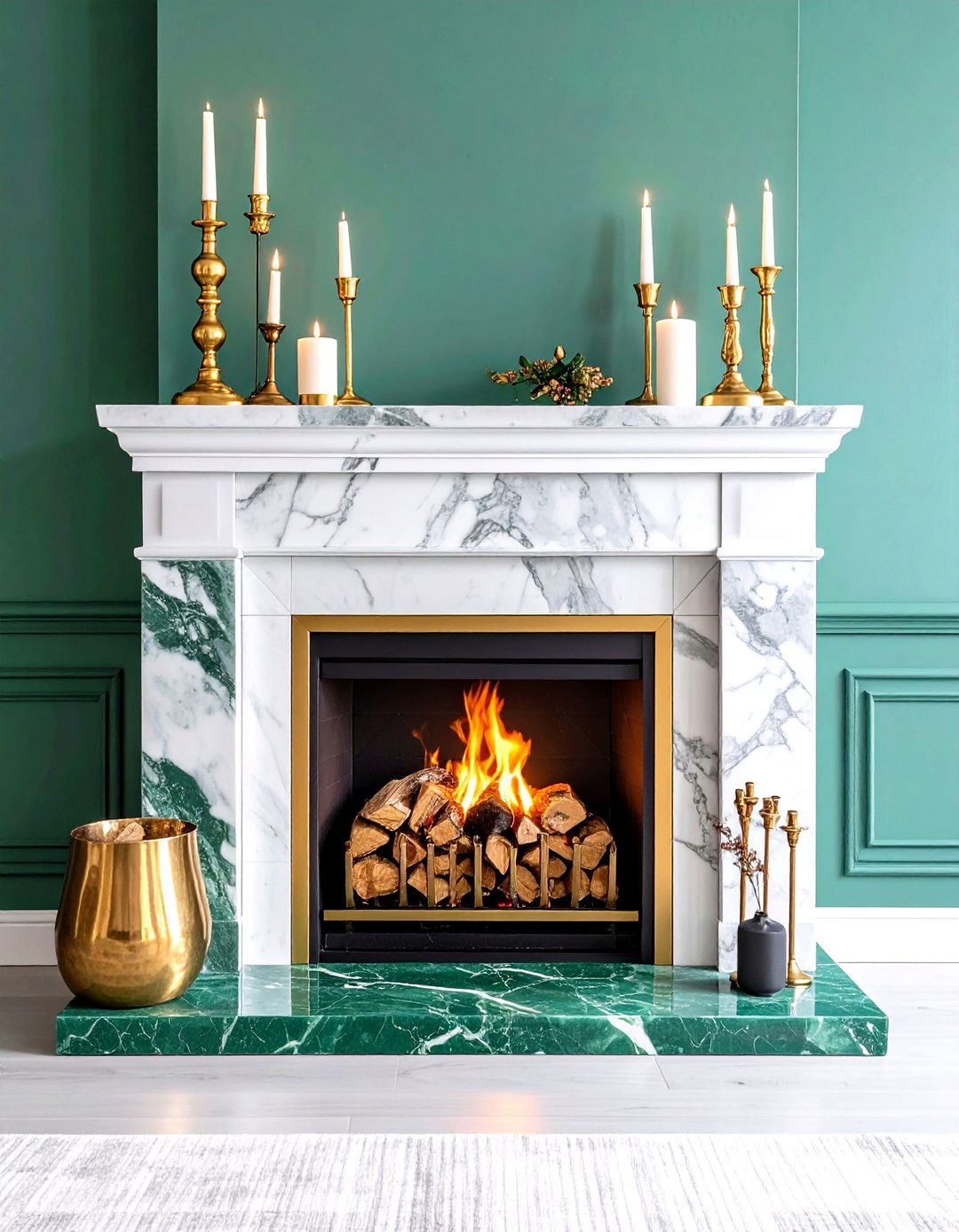 Green Marble Fireplace with Gold Accessories - 20 Emerald Green and Gold Living Room Ideas