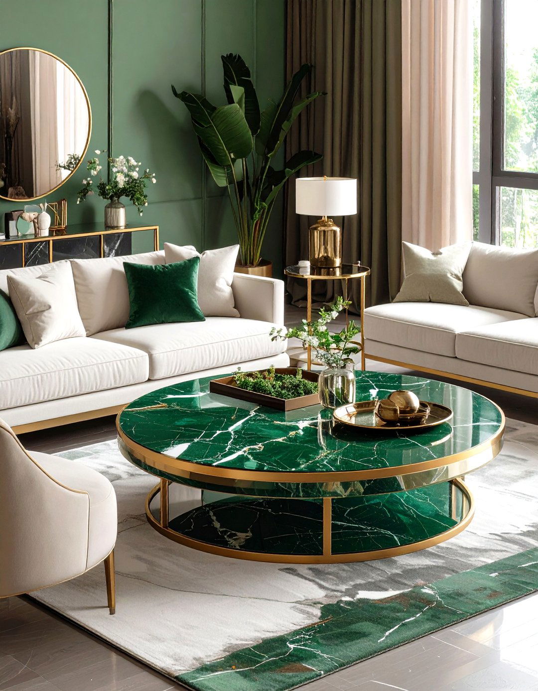 Green Marble Living Room Coffee Table with Gold Trim - 20 Green and Gold Living Room Ideas
