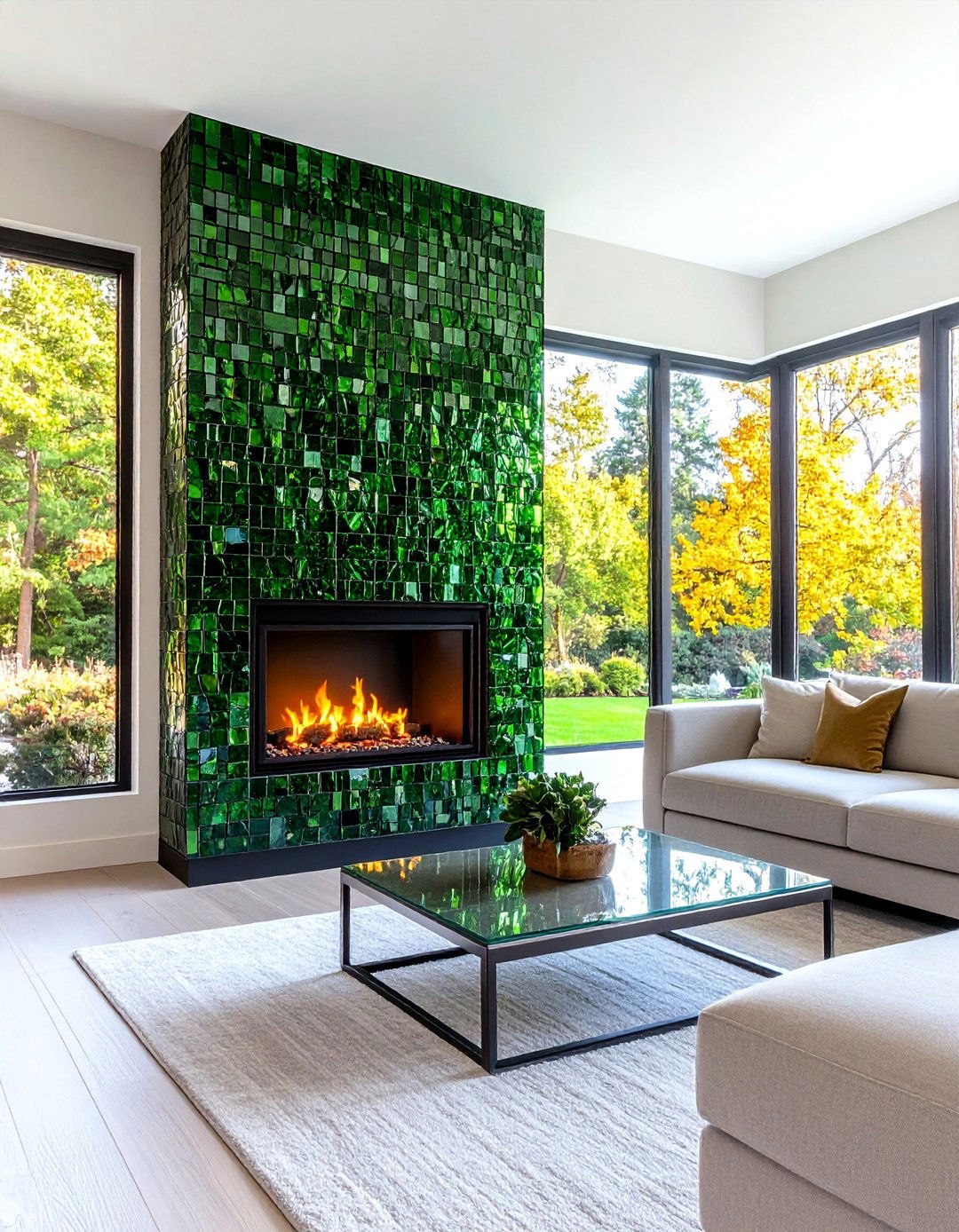 Green Mosaic Glass Tile Fireplace - 20 Green Fireplace Ideas