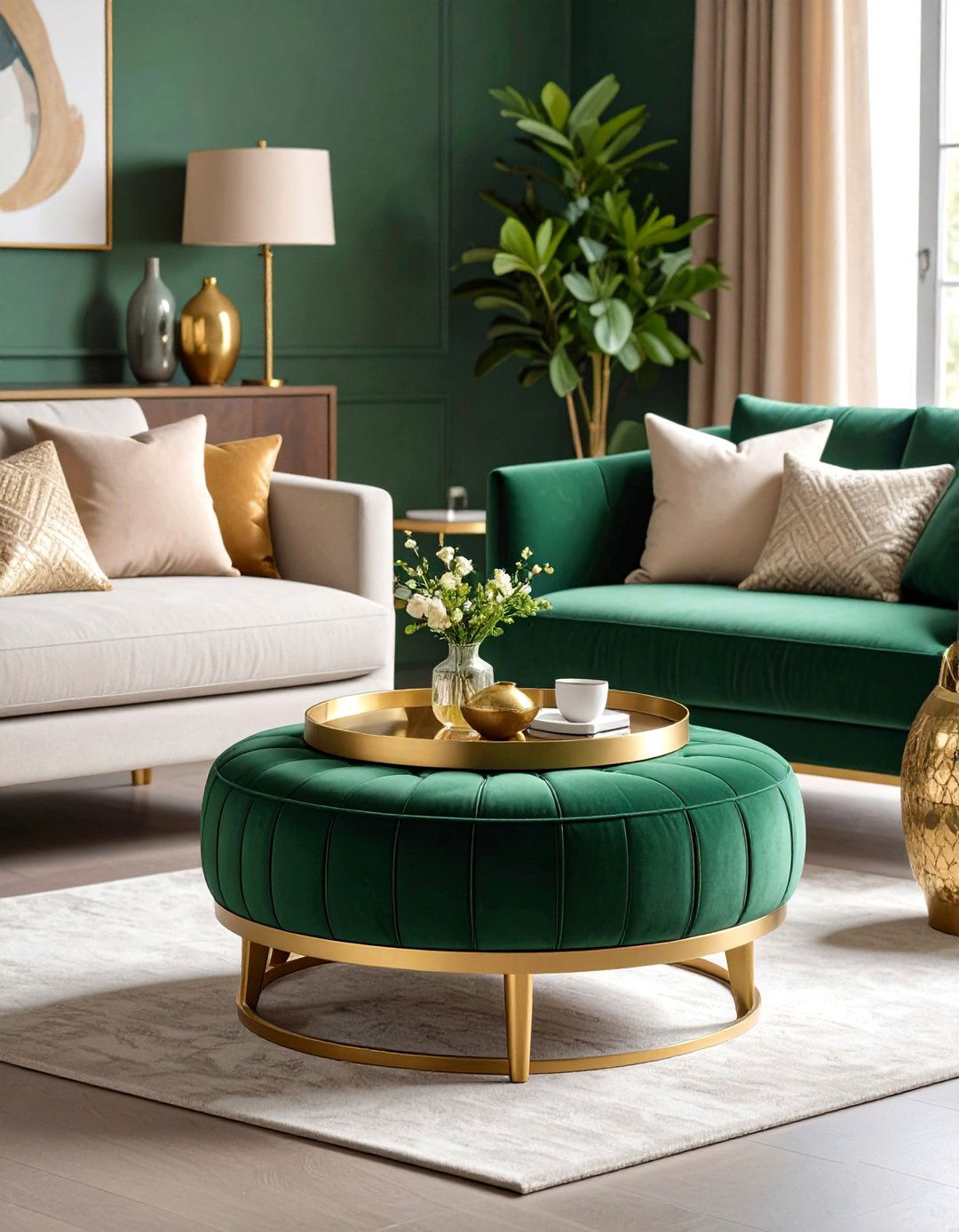 Green Ottoman with Gold Base for Versatile Living Room Seating - 20 Green and Gold Living Room Ideas