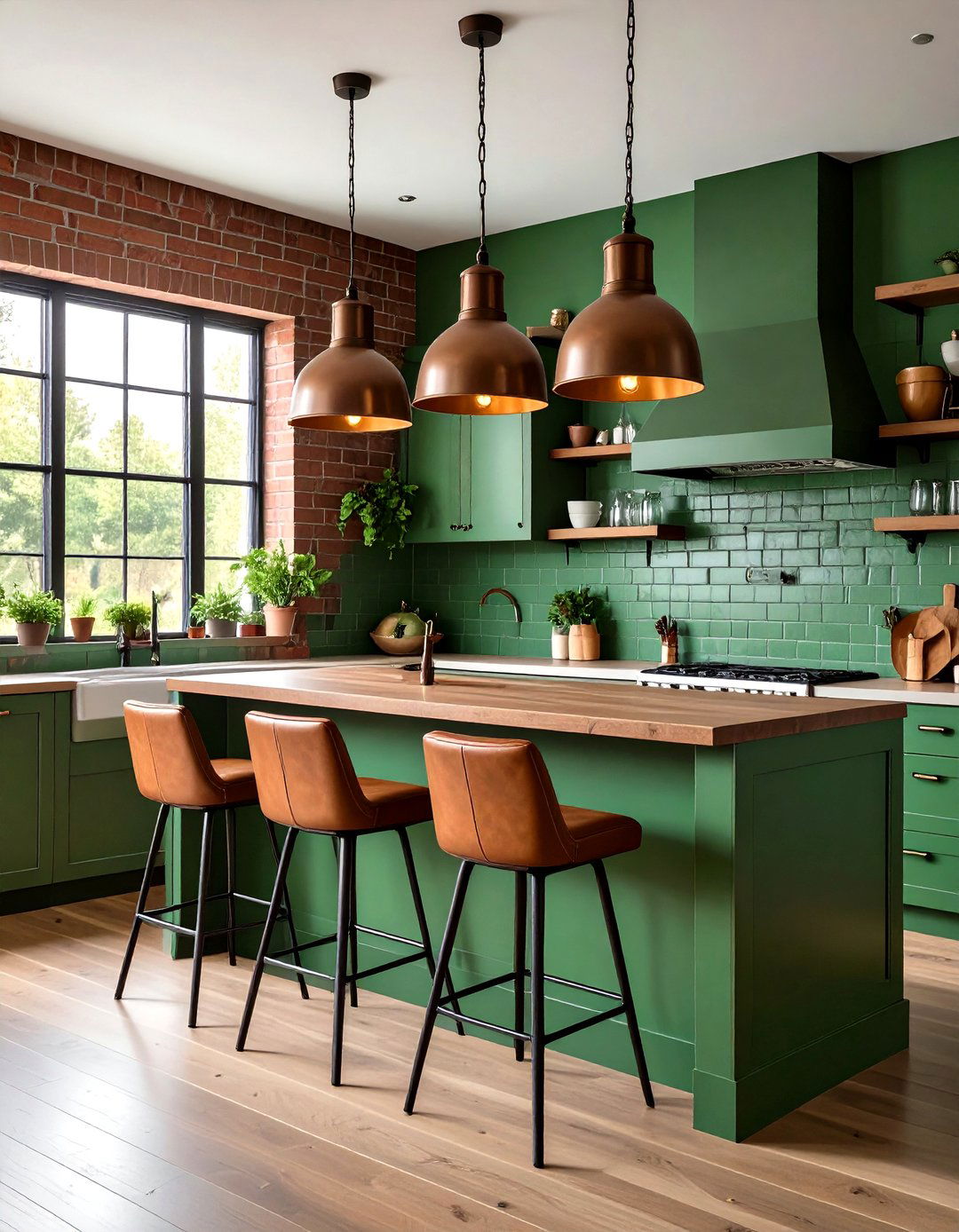 Green Painted Kitchen Brick Wall with Brown Leather Barstools - 20 Green and Brown Kitchen Ideas