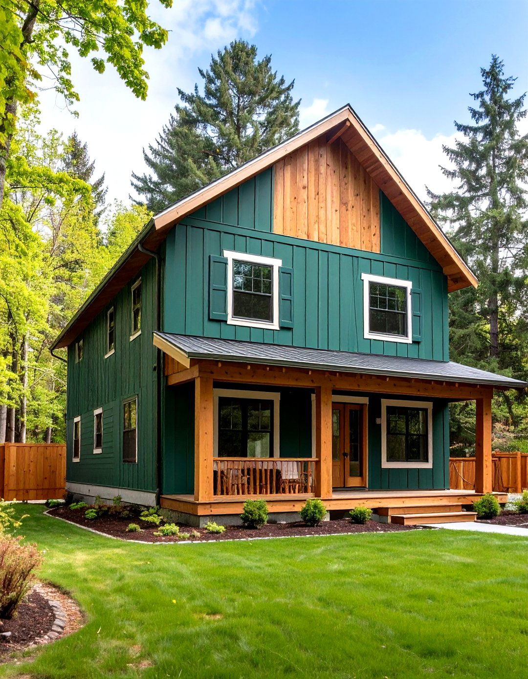 Green Paired with Natural Wood Accents - 20 Green Exterior House Paint Ideas