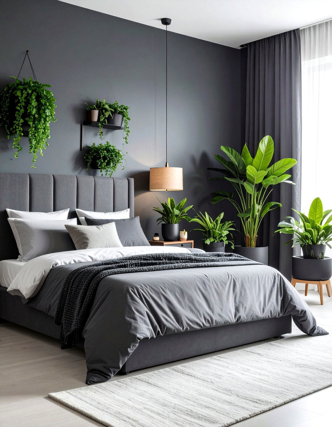 Green Plants Bring Life to the Space - 20 Dark Grey Bedroom Ideas