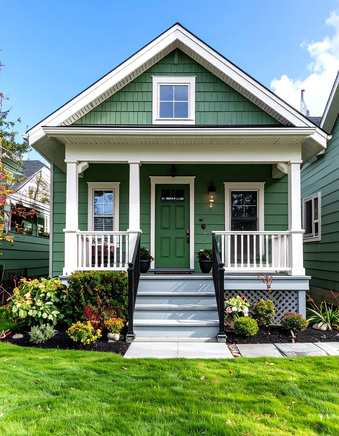 Green Siding Paired With Black Metal Railings - 20 Green House Exterior With Black Trim