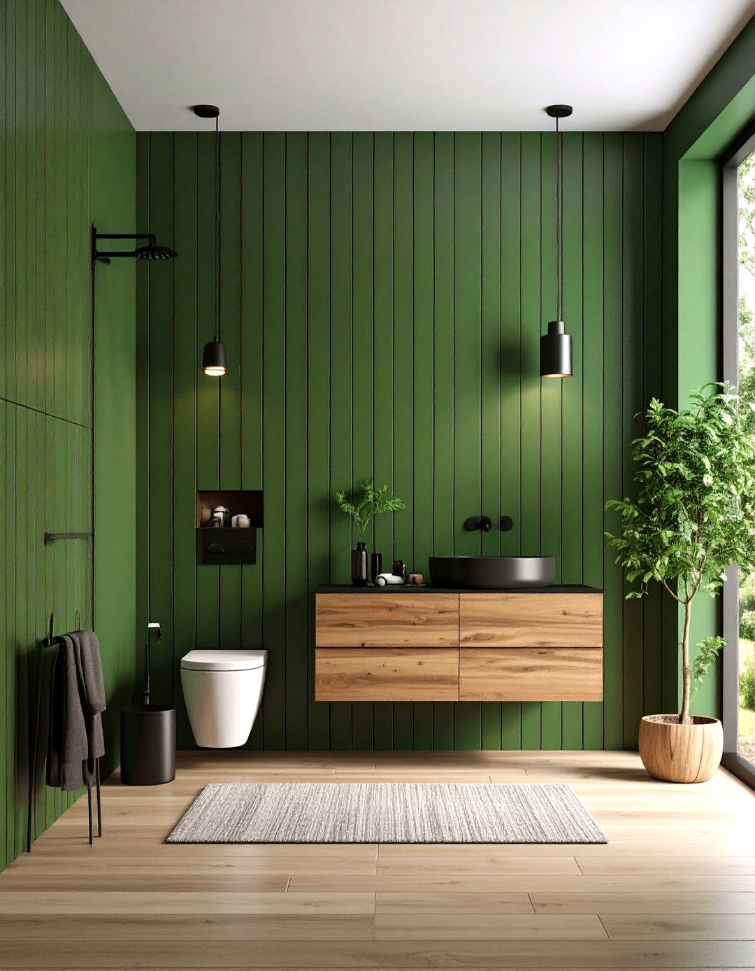 Green Slat Wood Accent Wall in a Modern Powder Room - 20 Green Powder Room Ideas