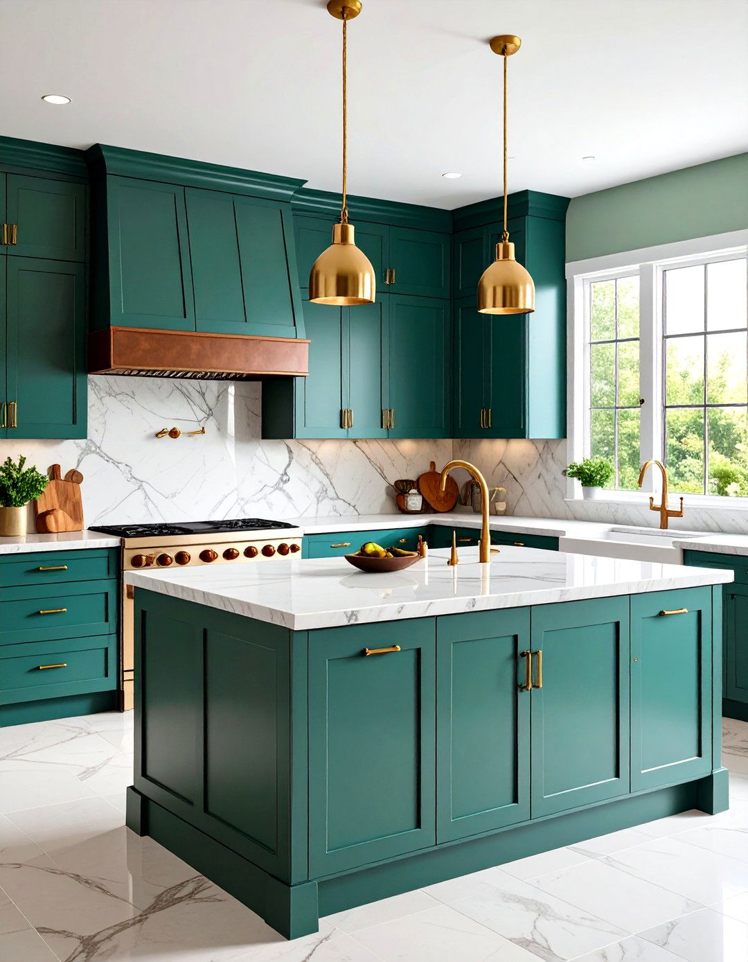 Green Slate Kitchen Backsplash with Brown Leather Hardware - 20 Green and Brown Kitchen Ideas