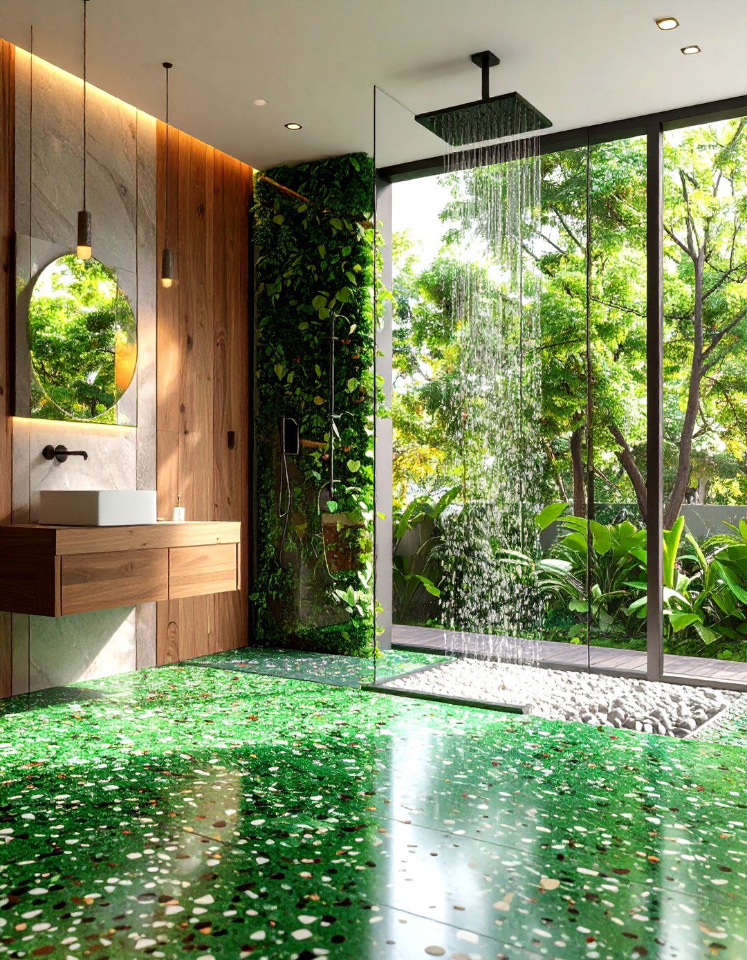 Green Terrazzo Floors Lend Playful Texture - 20 Green Bathroom Ideas