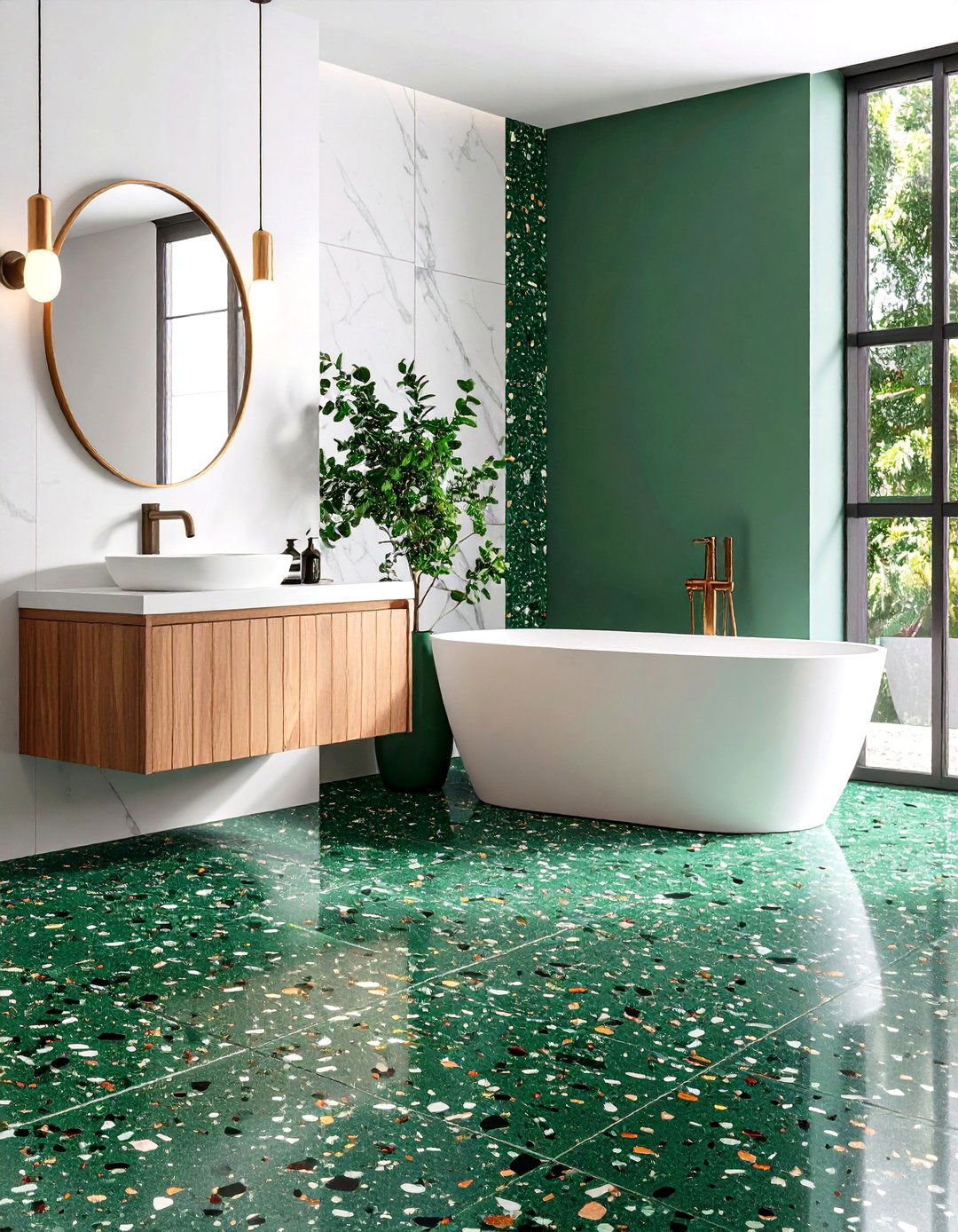 Green Terrazzo Tile Floor Pop - 20 Green Bathroom Tile Ideas