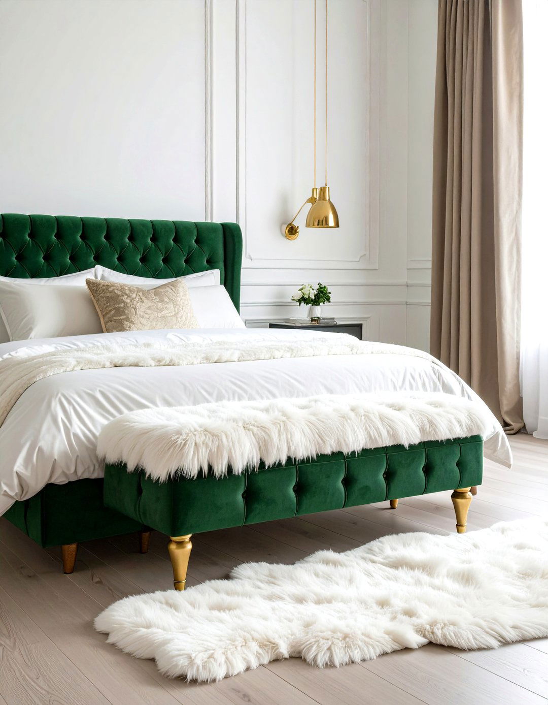 Green Velvet Bench at the Foot of the Bed - 20 Green and White Bedroom Ideas