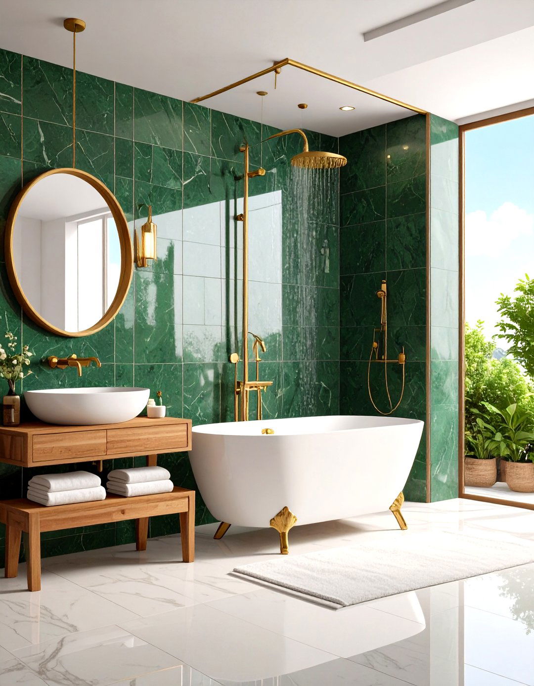 Green Zellige Shower Bathroom with Gleaming Fixtures - 20 Green and Gold Bathroom Ideas
