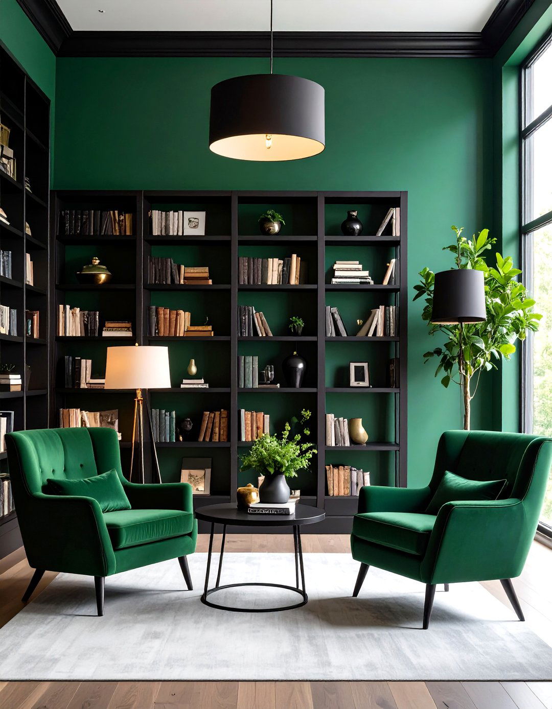 Green and Black Graphic Home Library Contrast - 20 Dark Green Home Library Ideas and Inspiration
