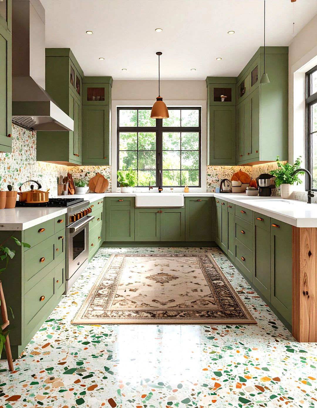 Green and Brown Terrazzo Kitchen Flooring beneath Sage Green Cabinets - 20 Green and Brown Kitchen Ideas