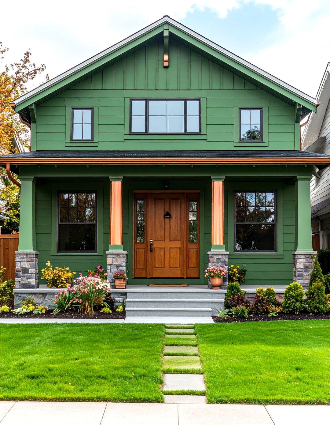Green and Copper Highlights for Warm Sophistication - 20 Green Exterior House Paint Ideas