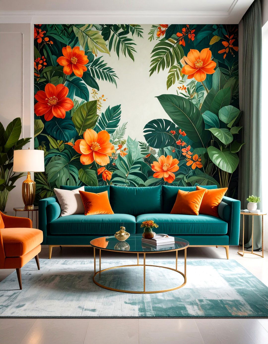 Green and Orange Living Room Accented by Botanical Mural - 20 Green and Orange Living Room Ideas