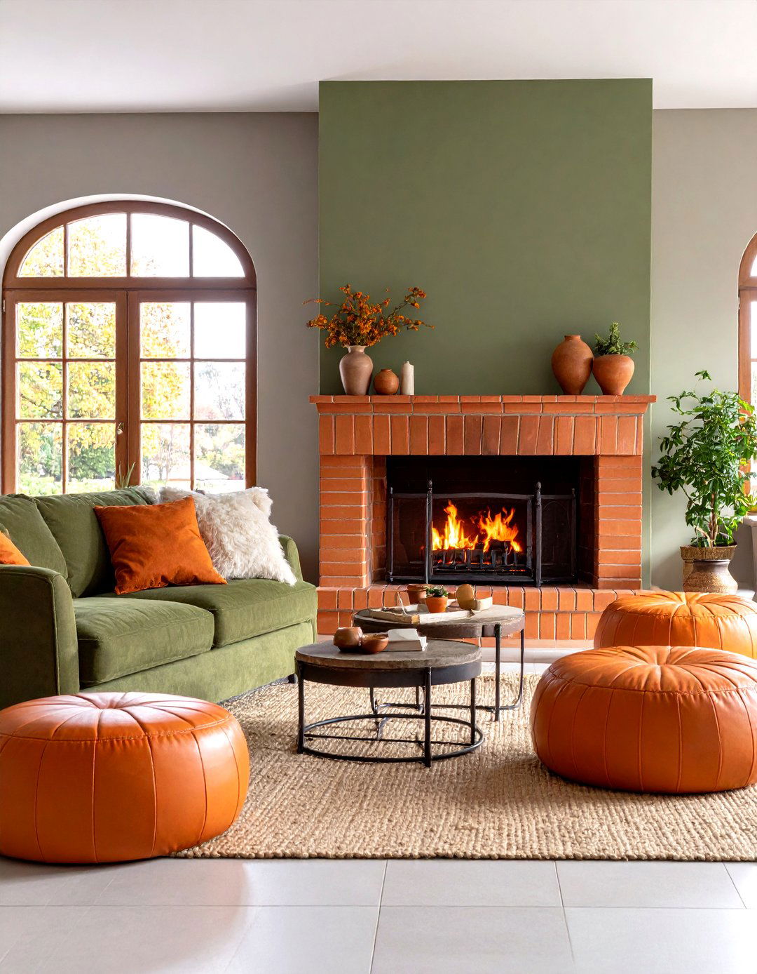 Green and Orange Living Room Featuring Terracotta Tile Fireplace - 20 Green and Orange Living Room Ideas