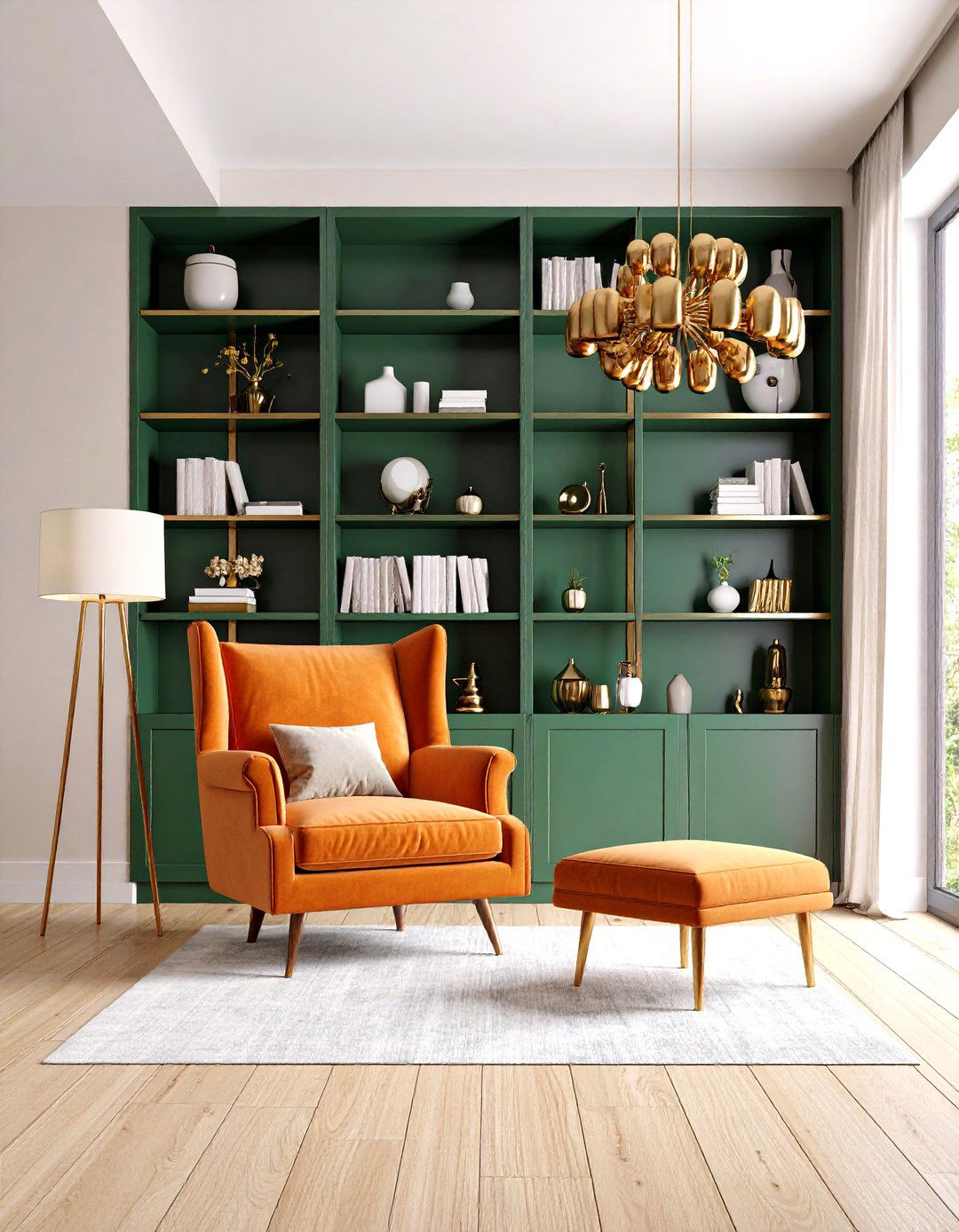 Green and Orange Living Room Framed by Brass and Gold Metals - 20 Green and Orange Living Room Ideas