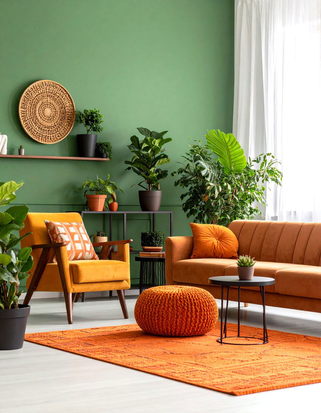 Green and Orange Living Room Highlighting Statement Plants - 20 Green and Orange Living Room Ideas