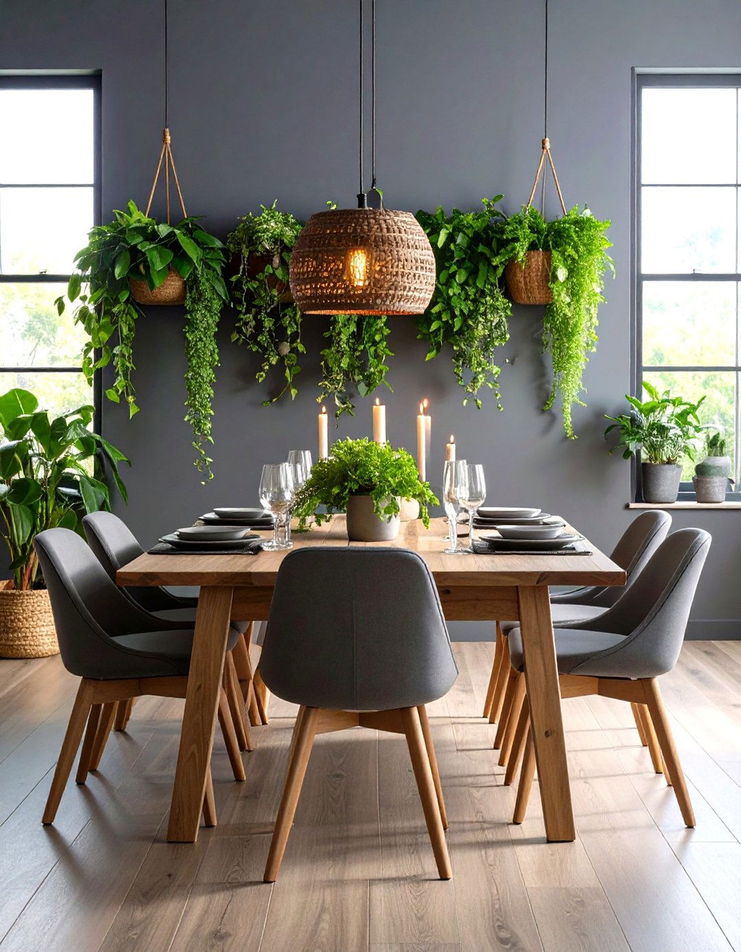 Greenery Boosts Wellness in a Gray Dining Room - 20 Gray Dining Room Ideas