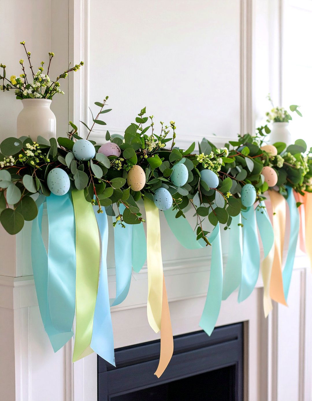 Greenery Garland with Ribbon - 20 Spring Mantel Decor Ideas