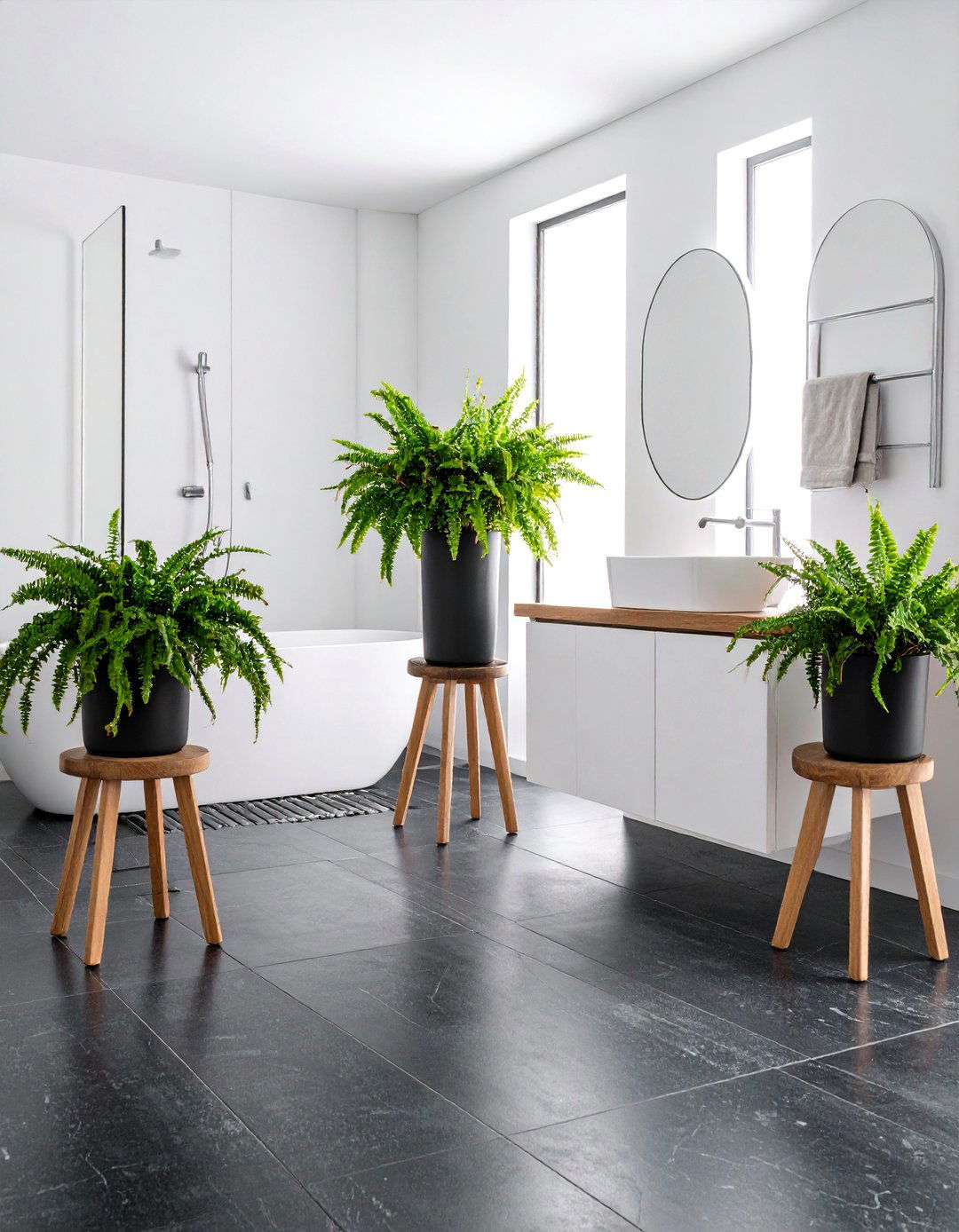 Greenery Pops Against a Black Floor Bathroom - 20 Black Floor Bathroom With White Walls Ideas
