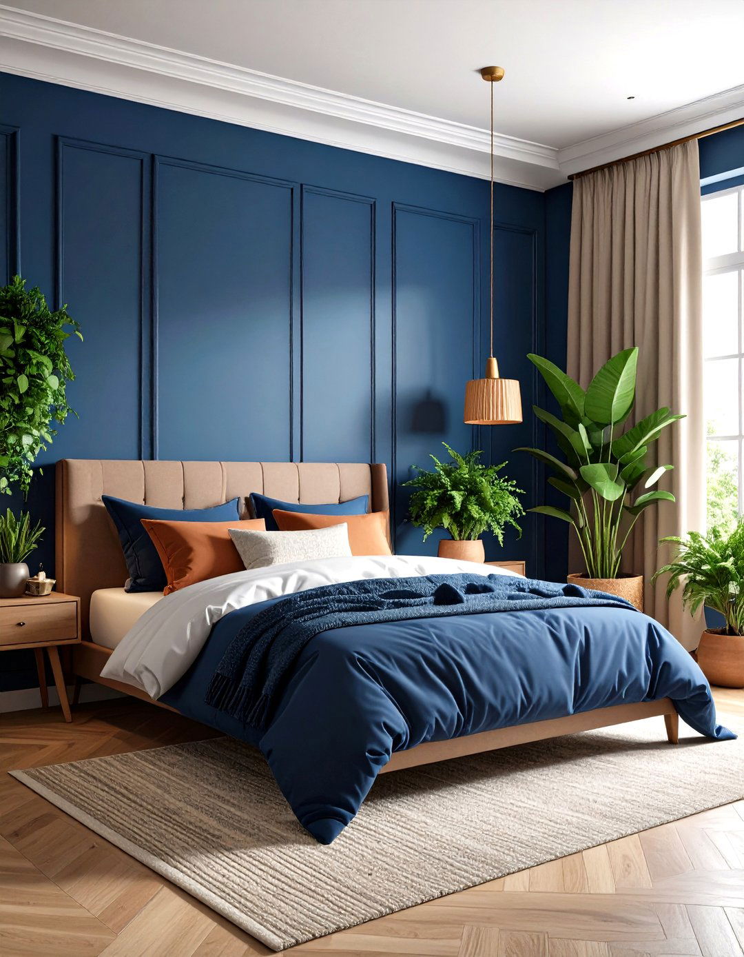 Greenery Pops in a Dark Blue Bedroom - 20 Dark Blue Bedroom Ideas