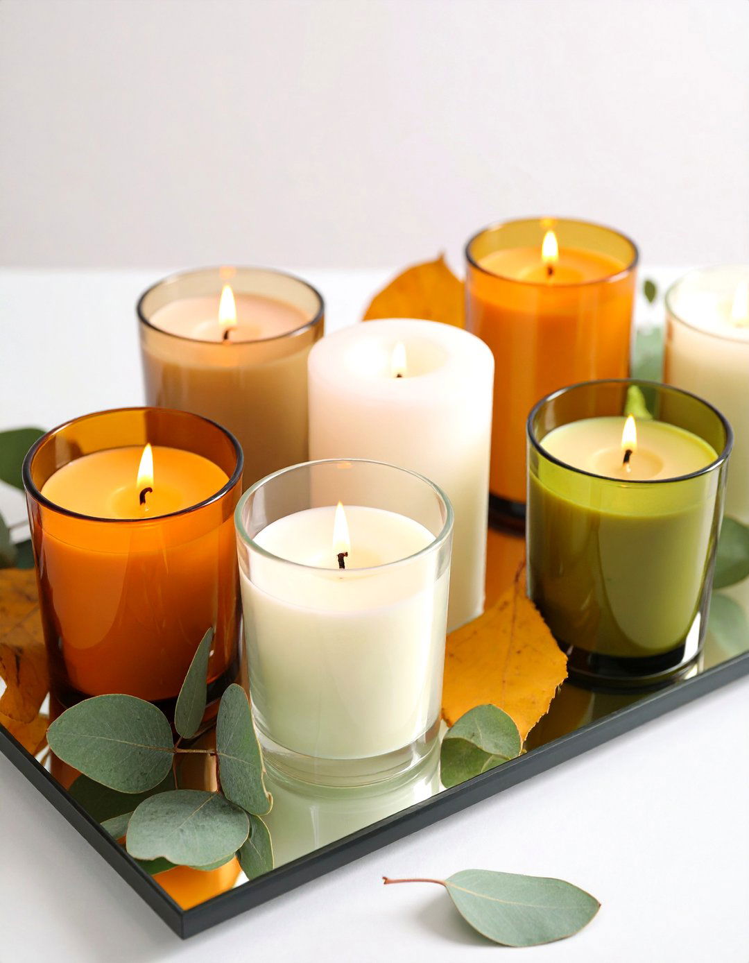 Greenery and Candles on Mirrored Tray - 20 Thanksgiving Centerpiece Ideas