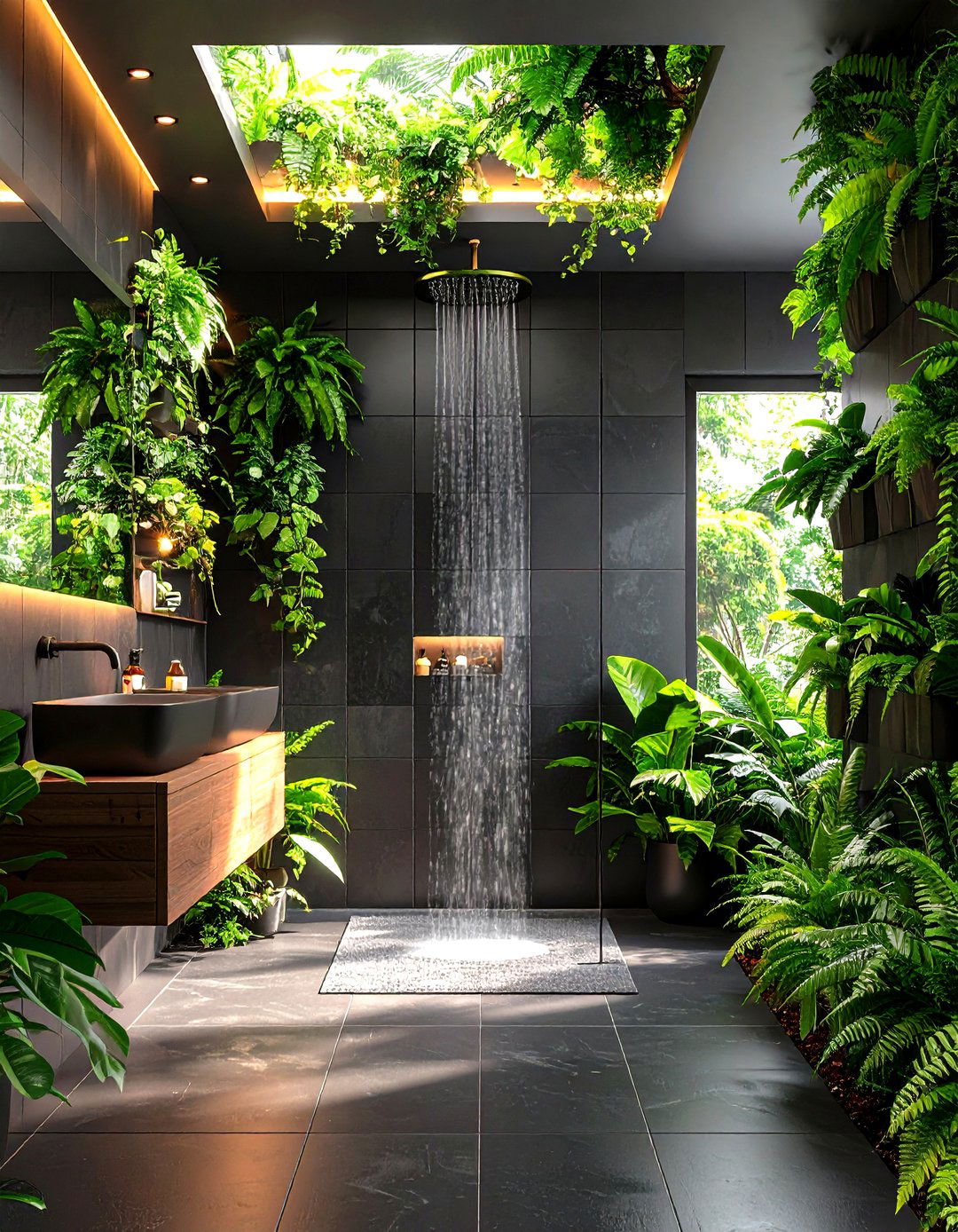 Greenery in Black Tile Bathroom - 20 Black Tile Bathroom Ideas
