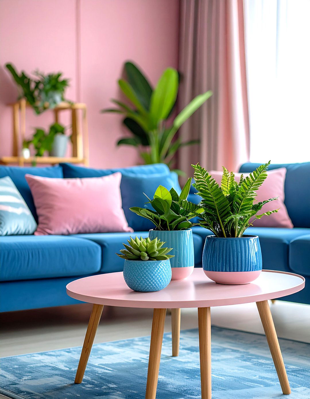 Greenery in Colored Pots - 20 Pink and Blue Living Room Ideas