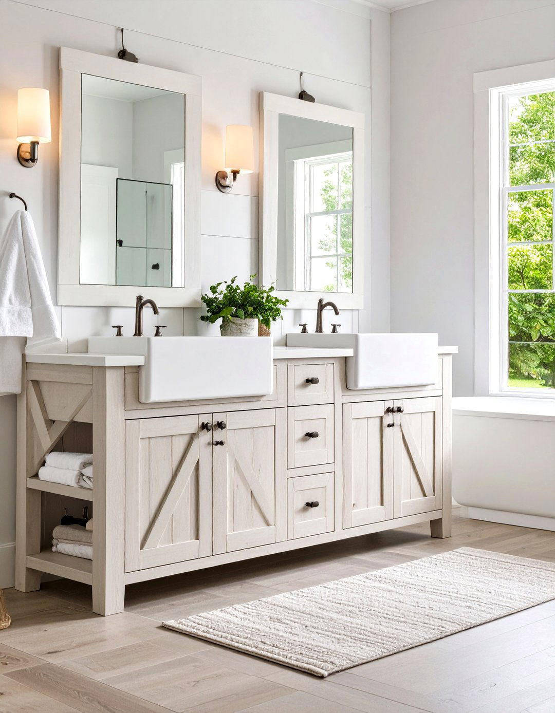 Greige Farmhouse Vanity Adds Warmth to Rustic Suites - 20 Grey Bathroom Vanity Design Ideas