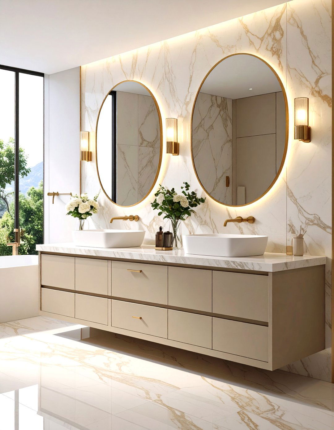 Greige Vanity Backed by Marble Backsplash for Luxe Contrast - 20 Grey Bathroom Vanity Design Ideas