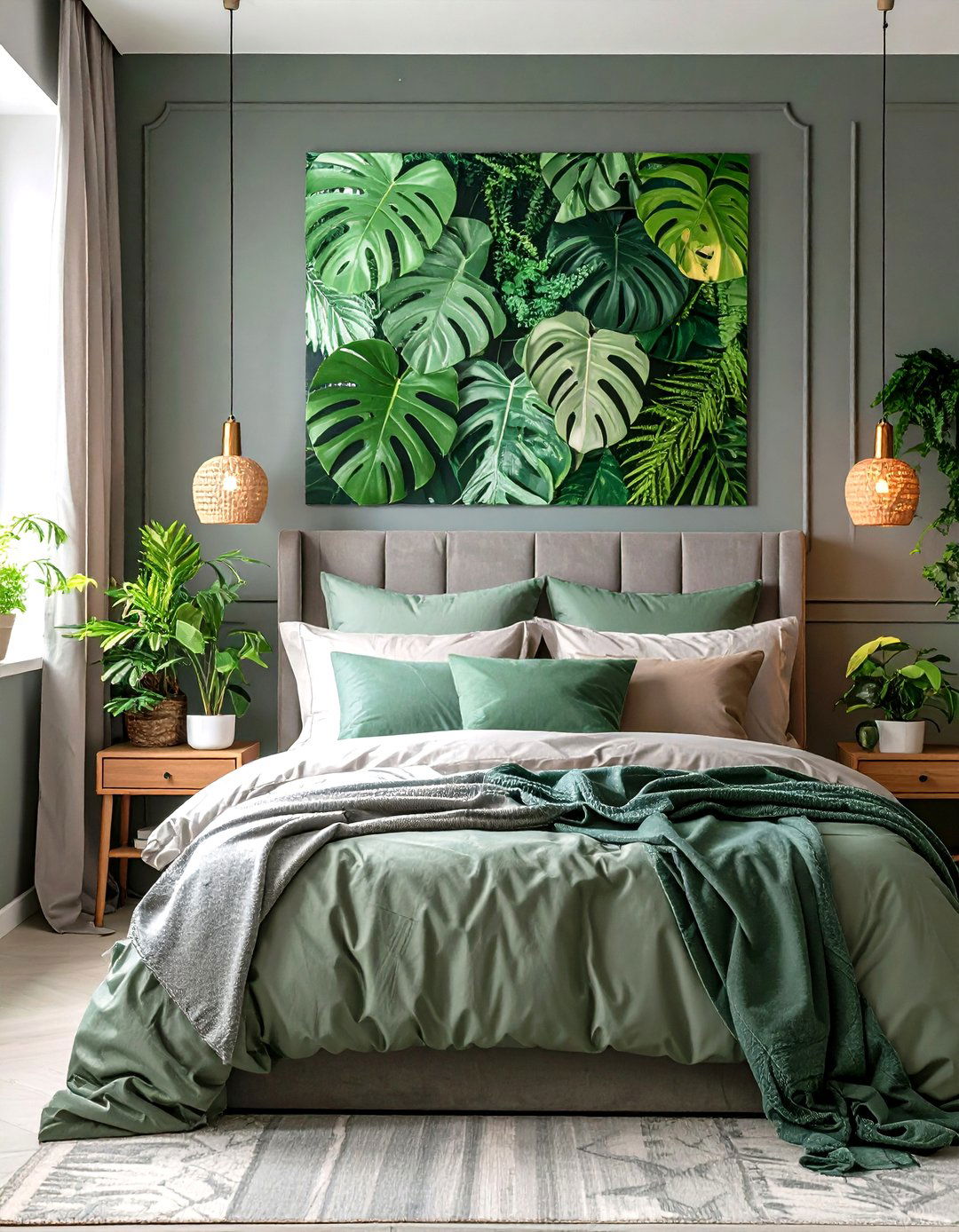 Grey Base with Green Artwork Statement - 20 Green and Grey Bedroom Ideas