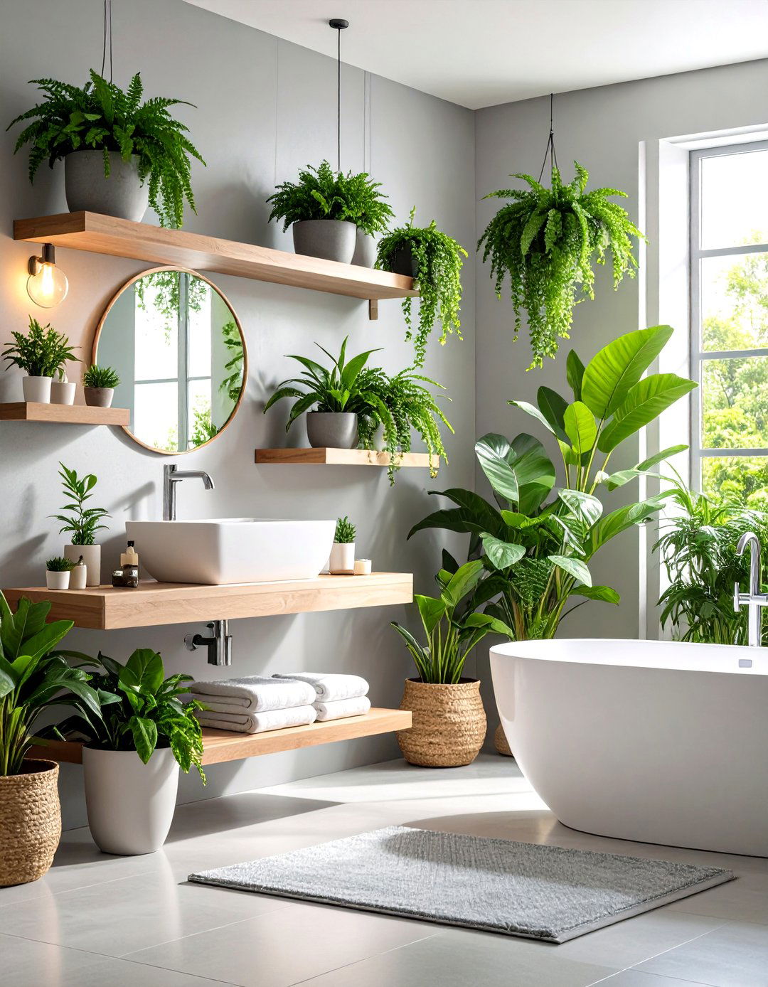 Grey Bathroom with Greenery and Plants - 20 Grey Bathroom Ideas