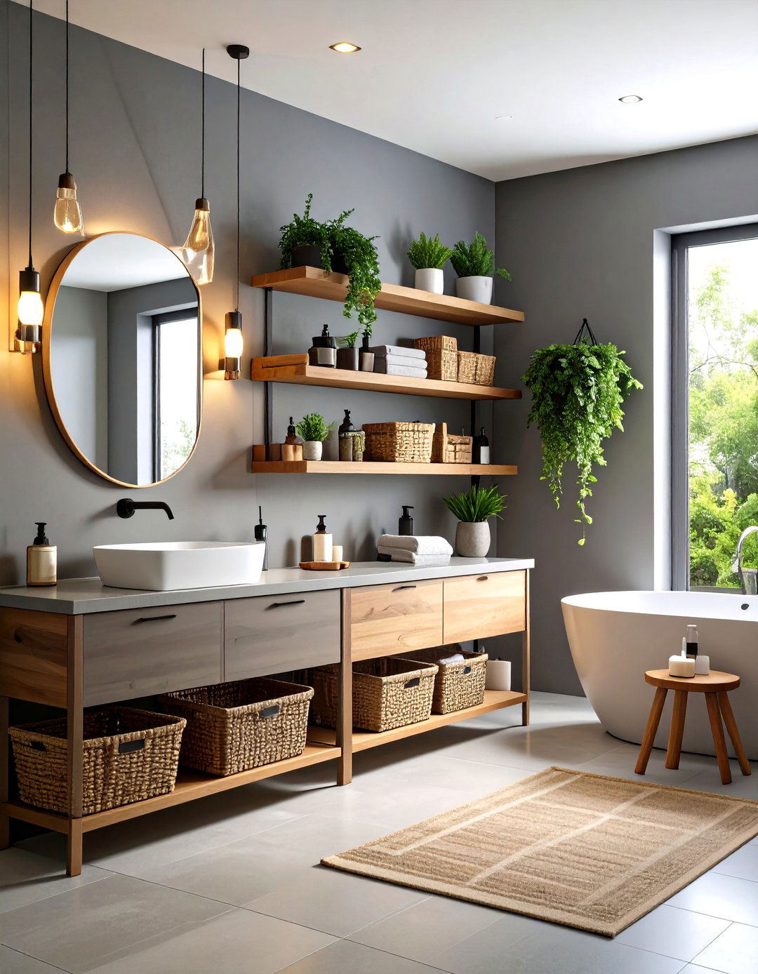 Grey Bathroom with Open Shelving and Baskets - 20 Grey Bathroom Ideas