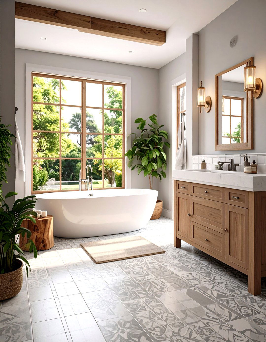Grey Bathroom with Patterned Floor Tiles - 20 Grey Bathroom Ideas