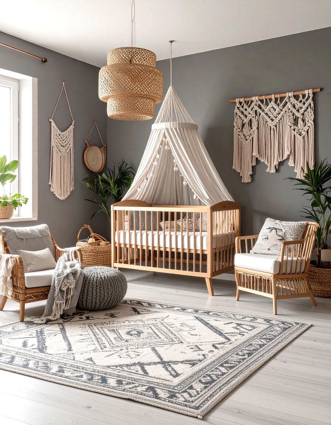 Grey Boho Nursery with Macrame and Rattan - 20 Grey Nursery Ideas