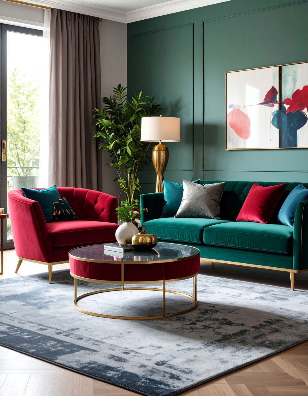 Grey Carpet Living Room with Jewel Toned Accents - 20 grey carpet living room ideas