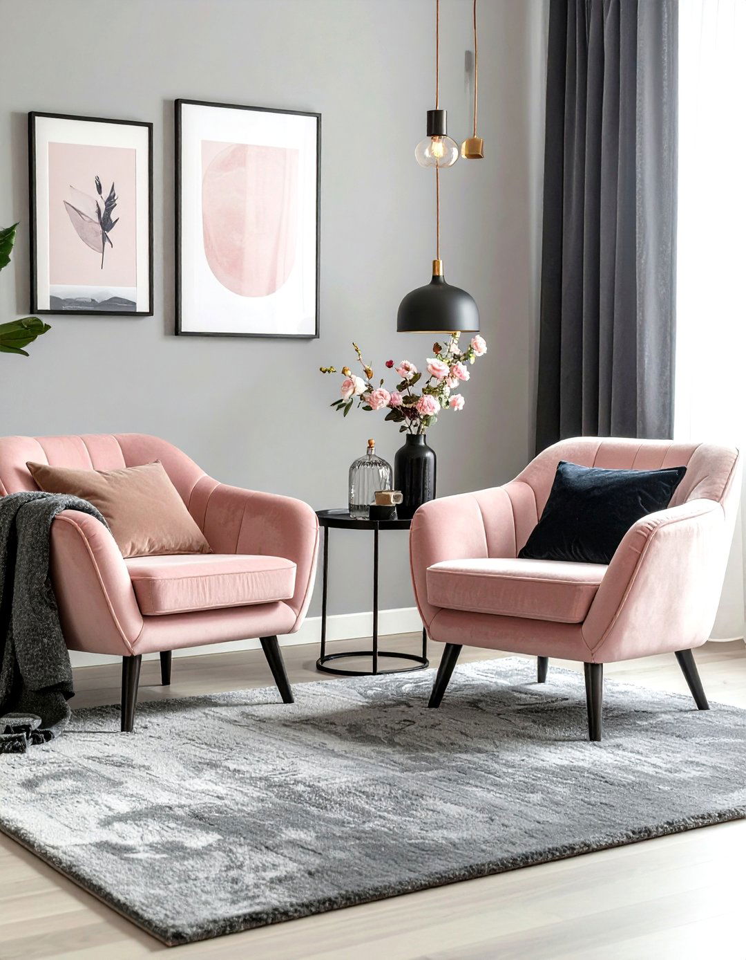 Grey Carpet with Blush Pink Highlights - 20 grey carpet living room ideas