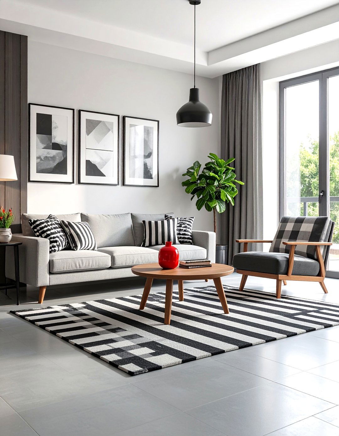 Grey Carpet with Bold Black and White Graphics - 20 grey carpet living room ideas