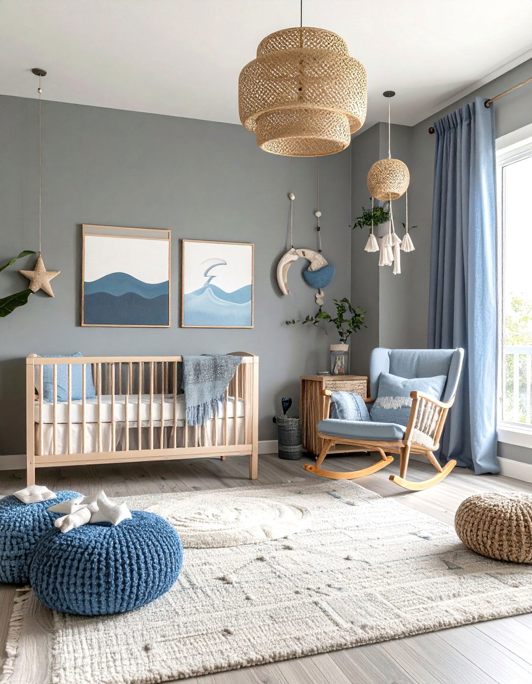 Grey Coastal Nursery with Soft Blues - 20 Grey Nursery Ideas