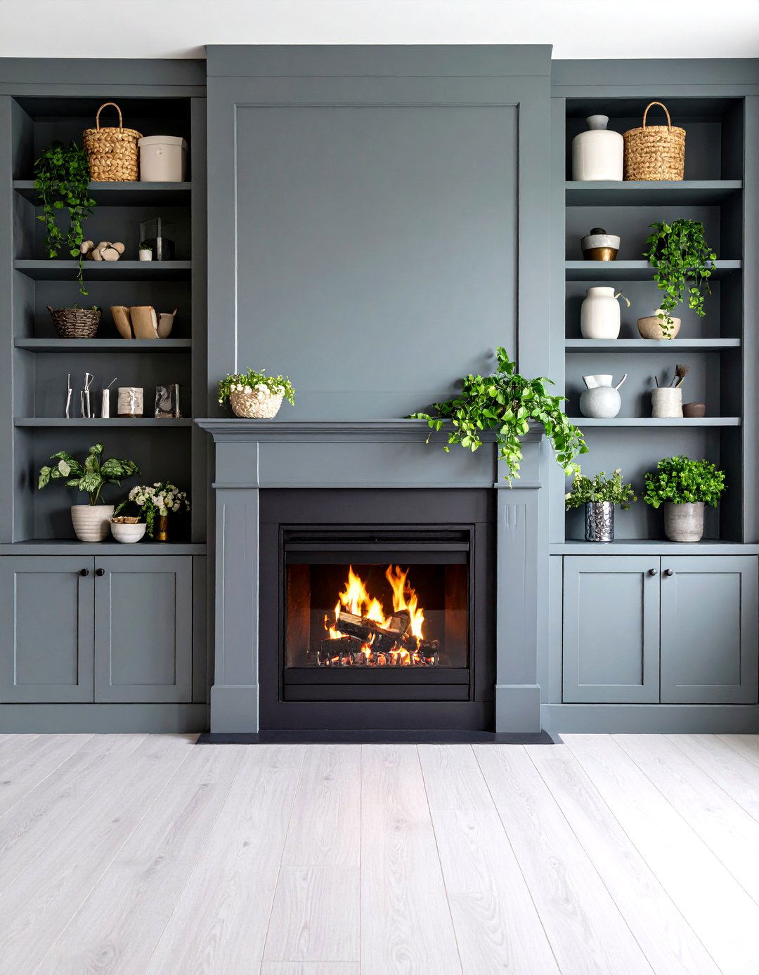 Grey Fireplace Flanked by Sage Built Ins - 20 Grey and Sage Green Living Room Ideas