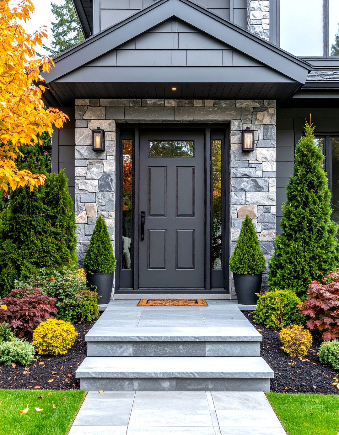 Grey Front Door Complemented by Stone Cladding - 20 Grey Front Door Ideas