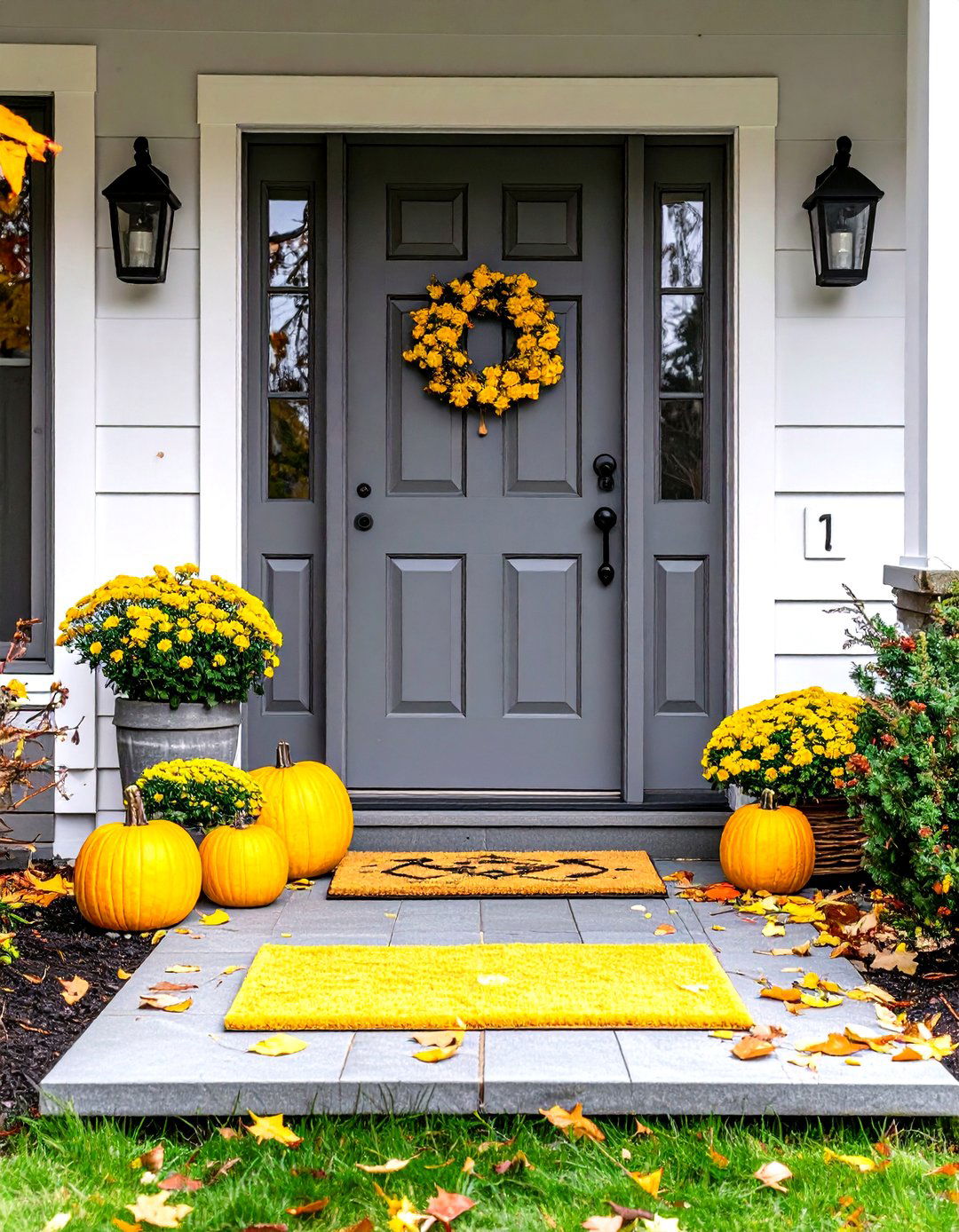 Grey Front Door Popped with Sunny Yellow Accessories - 20 Grey Front Door Ideas
