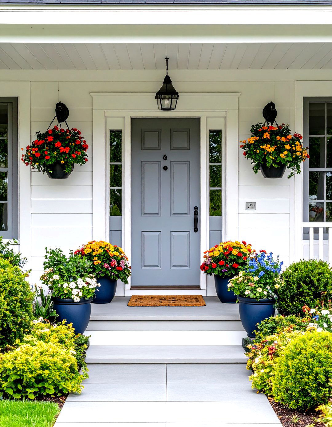 Grey Front Door Surrounded by Lush Greenery - 20 Grey Front Door Ideas