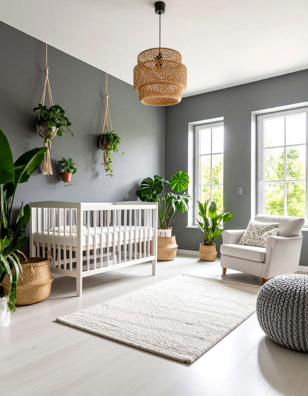 Grey Gender Neutral Nursery with Green Plants - 20 Grey Nursery Ideas
