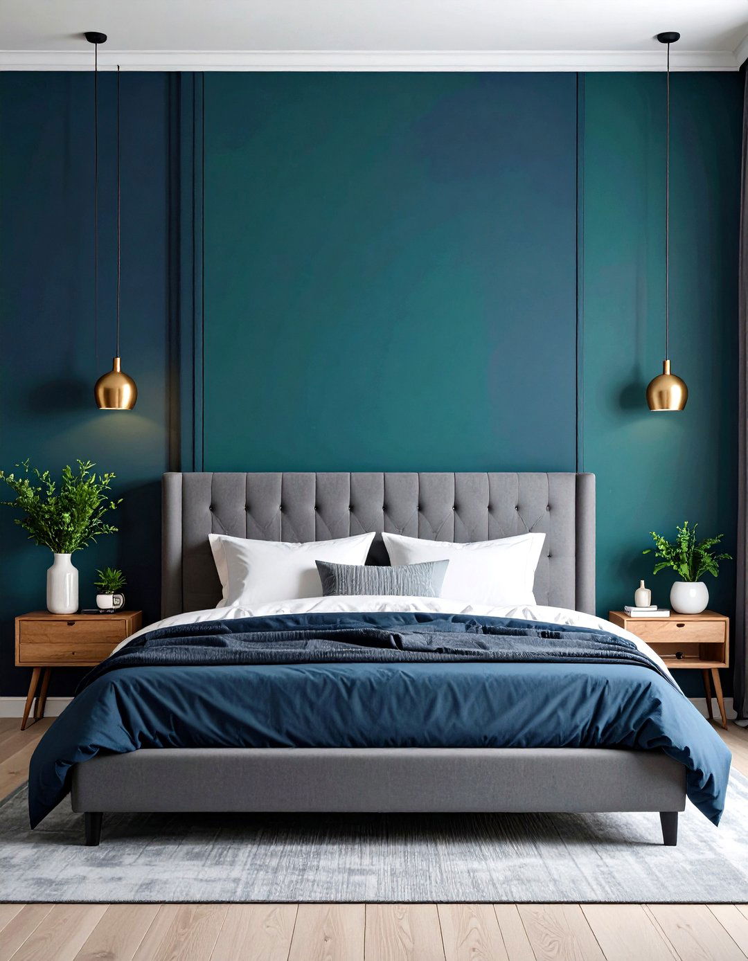Grey Headboard Against Bold Accent Wall - 20 Grey Headboard Bedroom Ideas