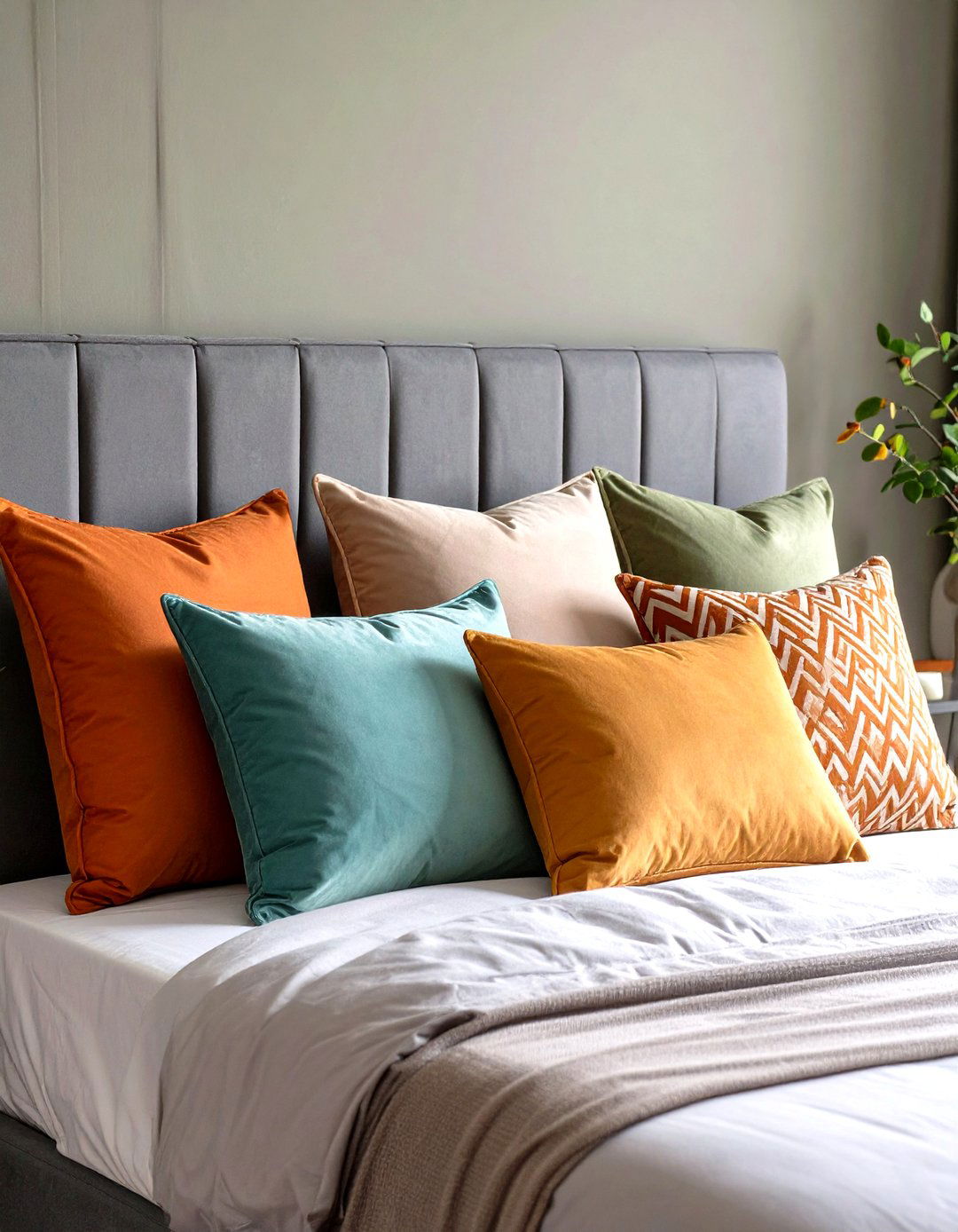 Grey Headboard with Contrasting Throw Pillows - 20 Grey Headboard Bedroom Ideas