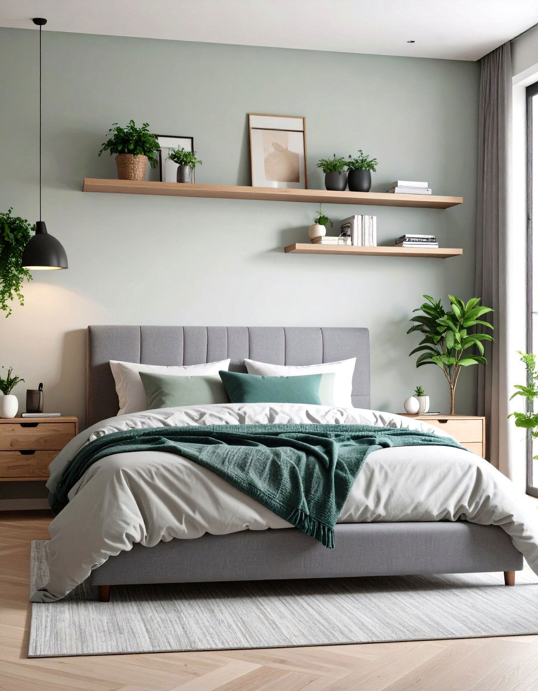Grey Headboard with Floating Shelves - 20 Grey Headboard Bedroom Ideas