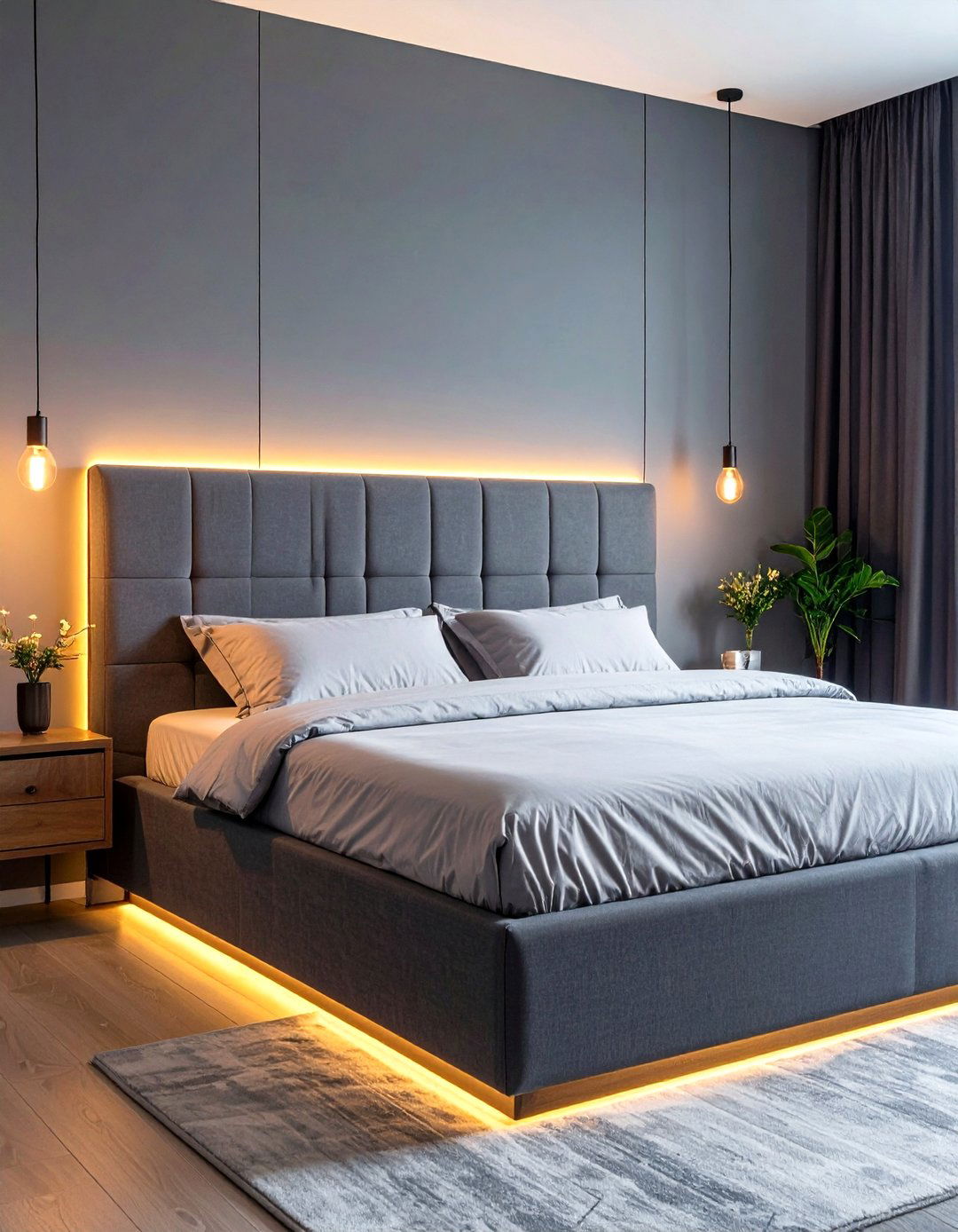 Grey Headboard with Integrated LED Lighting - 20 Grey Headboard Bedroom Ideas