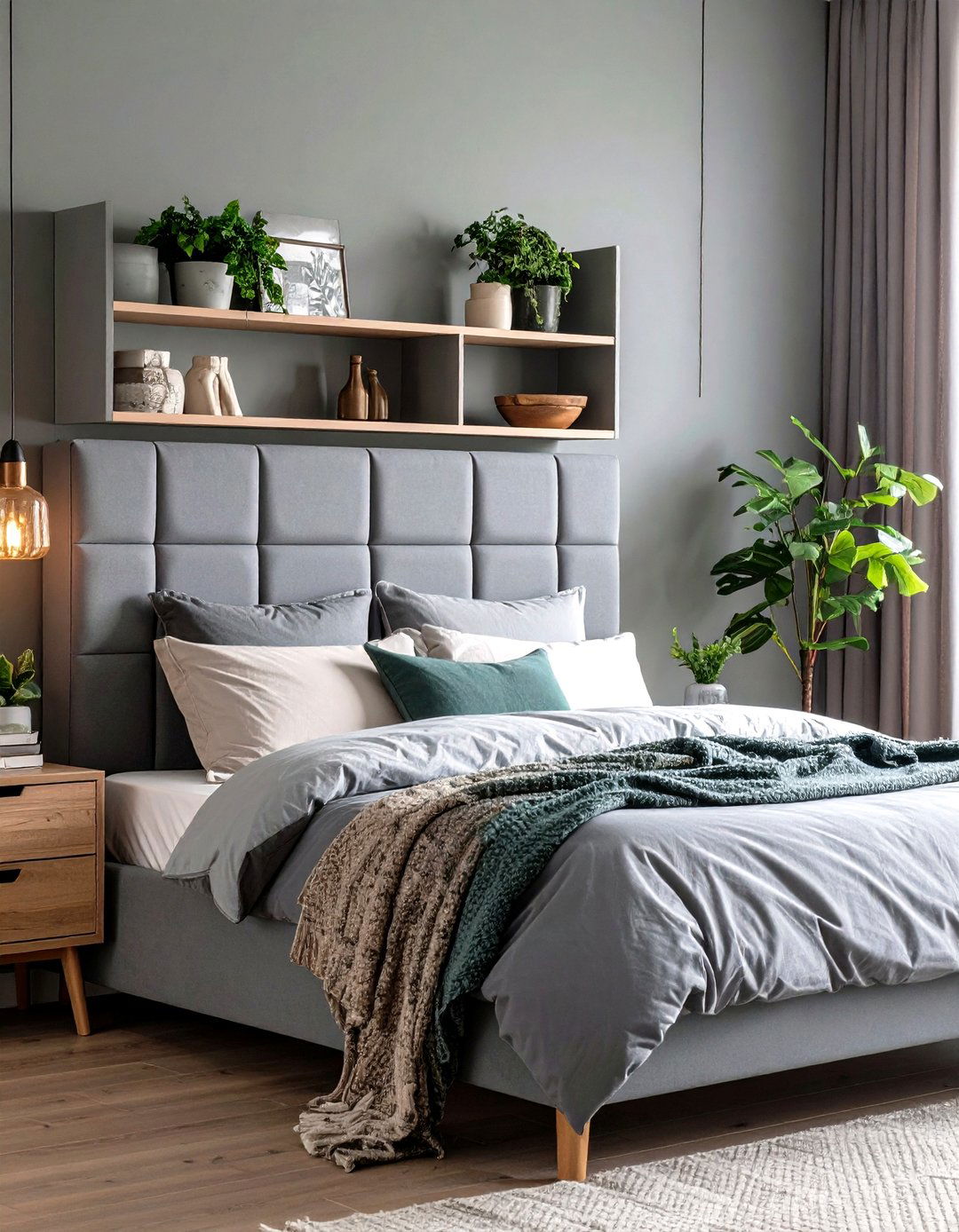 Grey Headboard with Storage Shelves - 20 Grey Headboard Bedroom Ideas